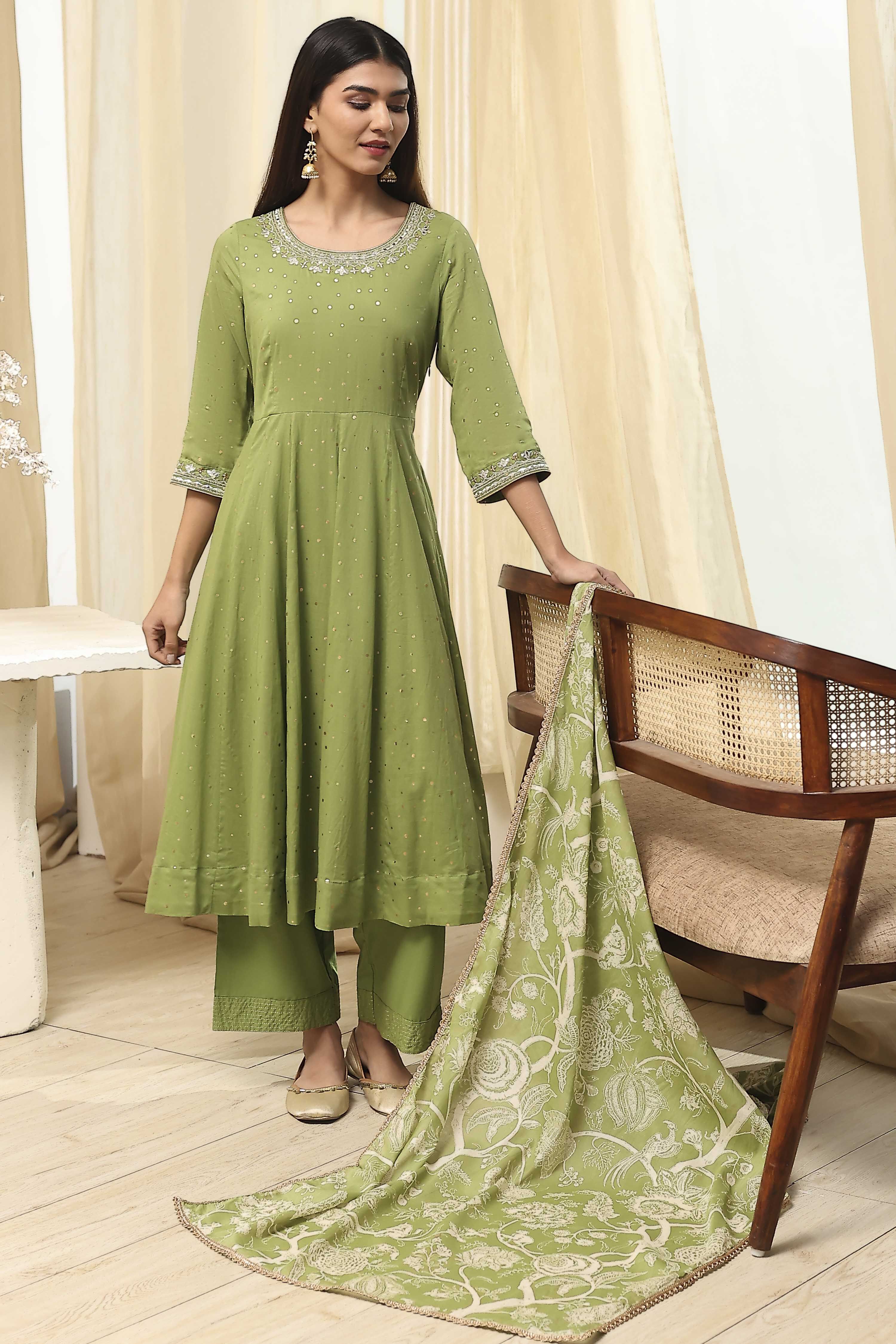 Blue Cotton Foil Printed Anarkali Suit Set image number 0