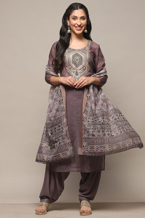 Light Purple Chanderi Unstitched Suit Set image number 4