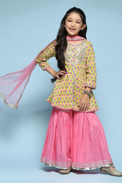 Lime Green Cotton Printed Kurta Garara Suit Set image number 5