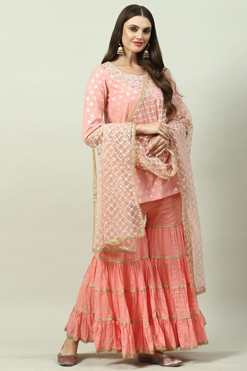 Light Pink Art Silk Straight Kurta Garara Suit Set image number 6
