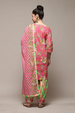 Pink & Green Cotton Straight Kurta Palazzo Suit Set image number 5