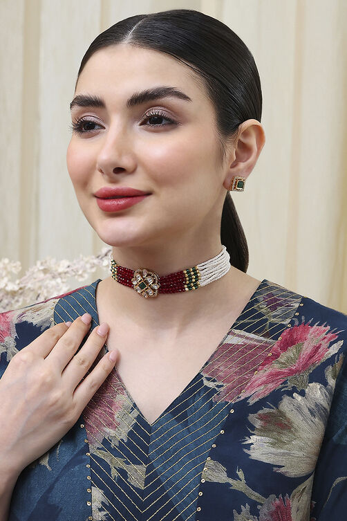 Maroon White Brass Choker Set image number 3