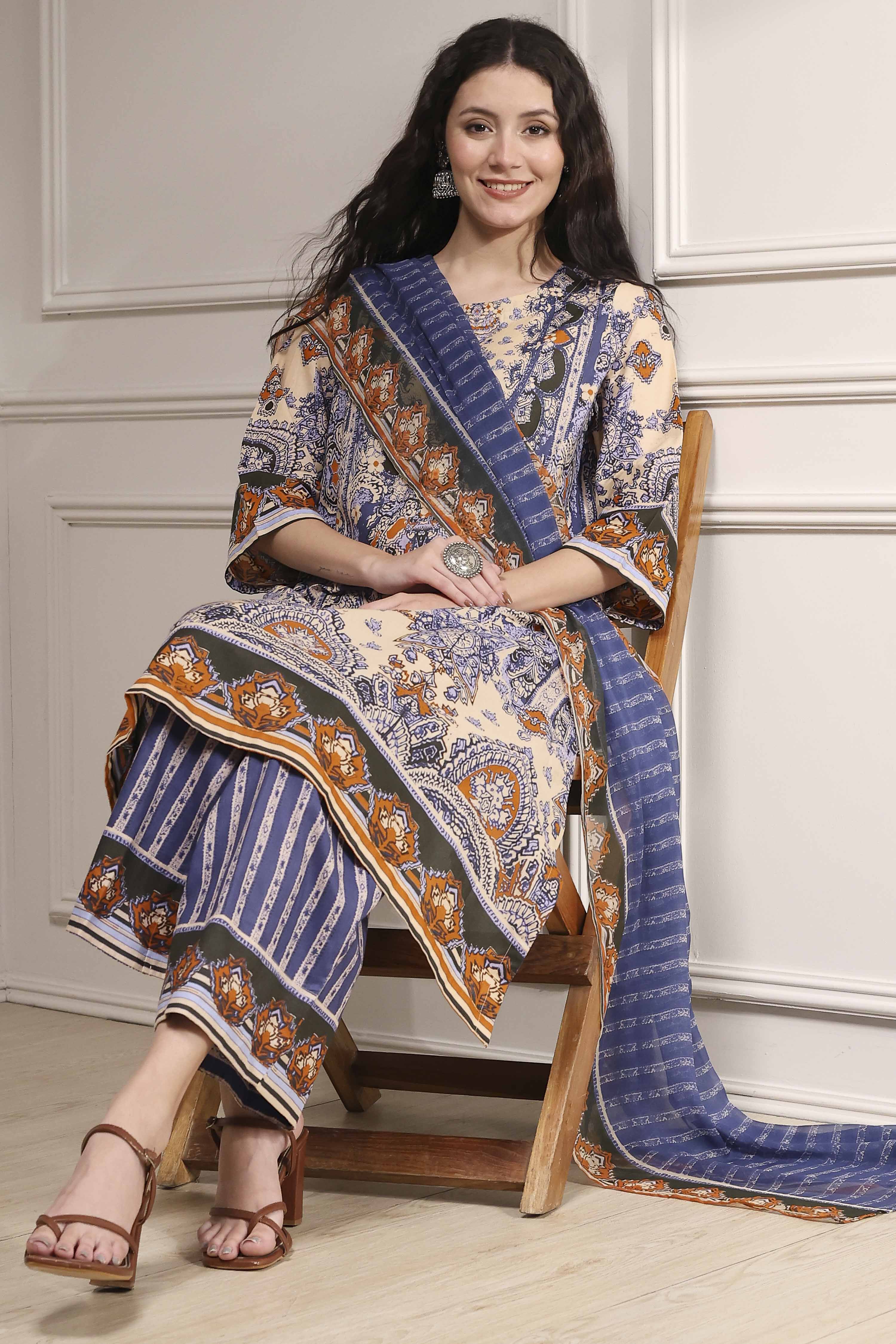 Navy Blue and Beige Cotton Straight Suit Set image number 0