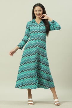 Green Turquoise Rayon A-Line Printed Dress image number 0