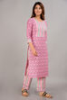 Pink Cotton Screen Print Unstitched Suit Set image number 7