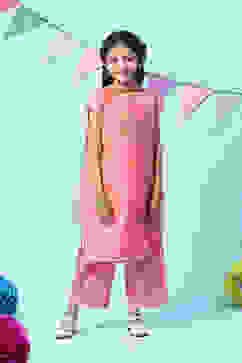 Pink Cotton Blend A-Line Kurta Straight Palazzo Suit Set image number 7