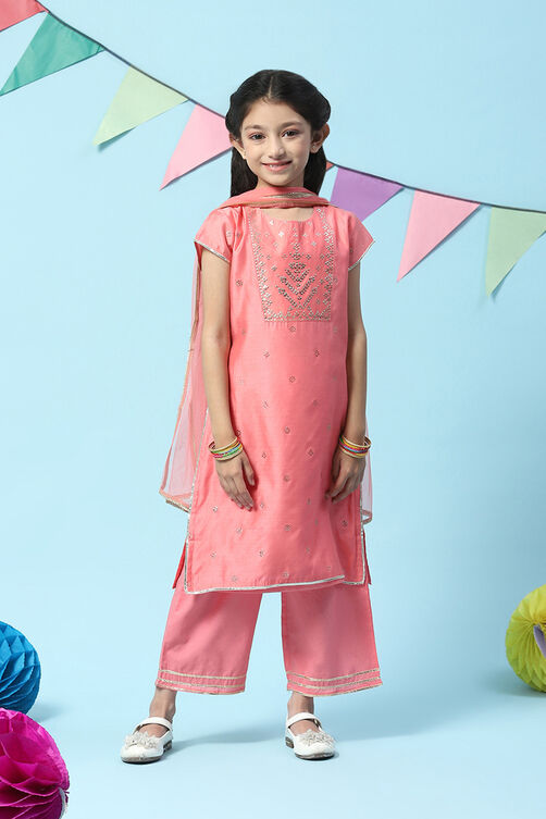 Pink Cotton Blend A-Line Kurta Straight Palazzo Suit Set image number 7