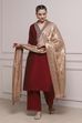 Maroon & Gold-Toned Solid Straight Suit Set
