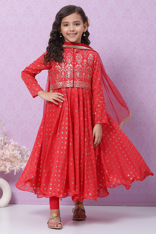 Red Cotton Anarkali Kurta Churidar Suit Set