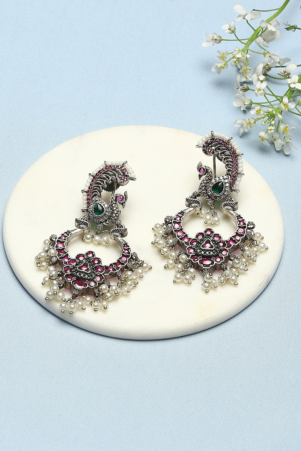 Pink Green Oxidised Brass Earrings image number 0