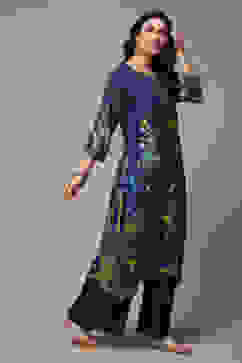 Navy Rayon Straight Printed Kurta image number 4