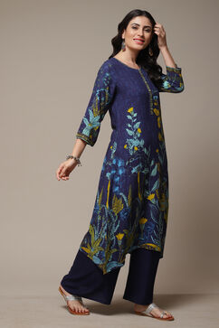 Navy Rayon Straight Printed Kurta image number 4