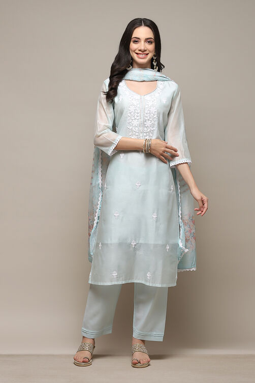 Sky Blue Chanderi Blend Machine Embroidered Unstitched Suit Set image number 8