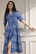 Blue Cotton Flared Yarndyed Dress image number 6