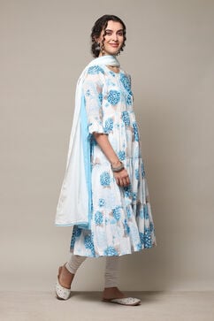 White & Blue Cotton Anarkali Kurta Churidar Suit Set image number 6
