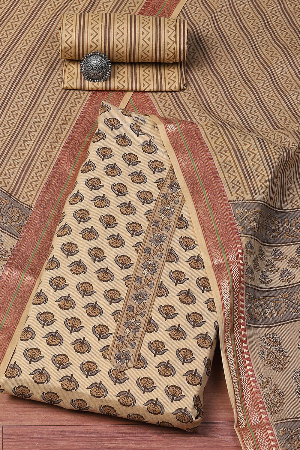 Coffee Brown Cotton Machine Embroidered Unstitched Suit Set image number 0