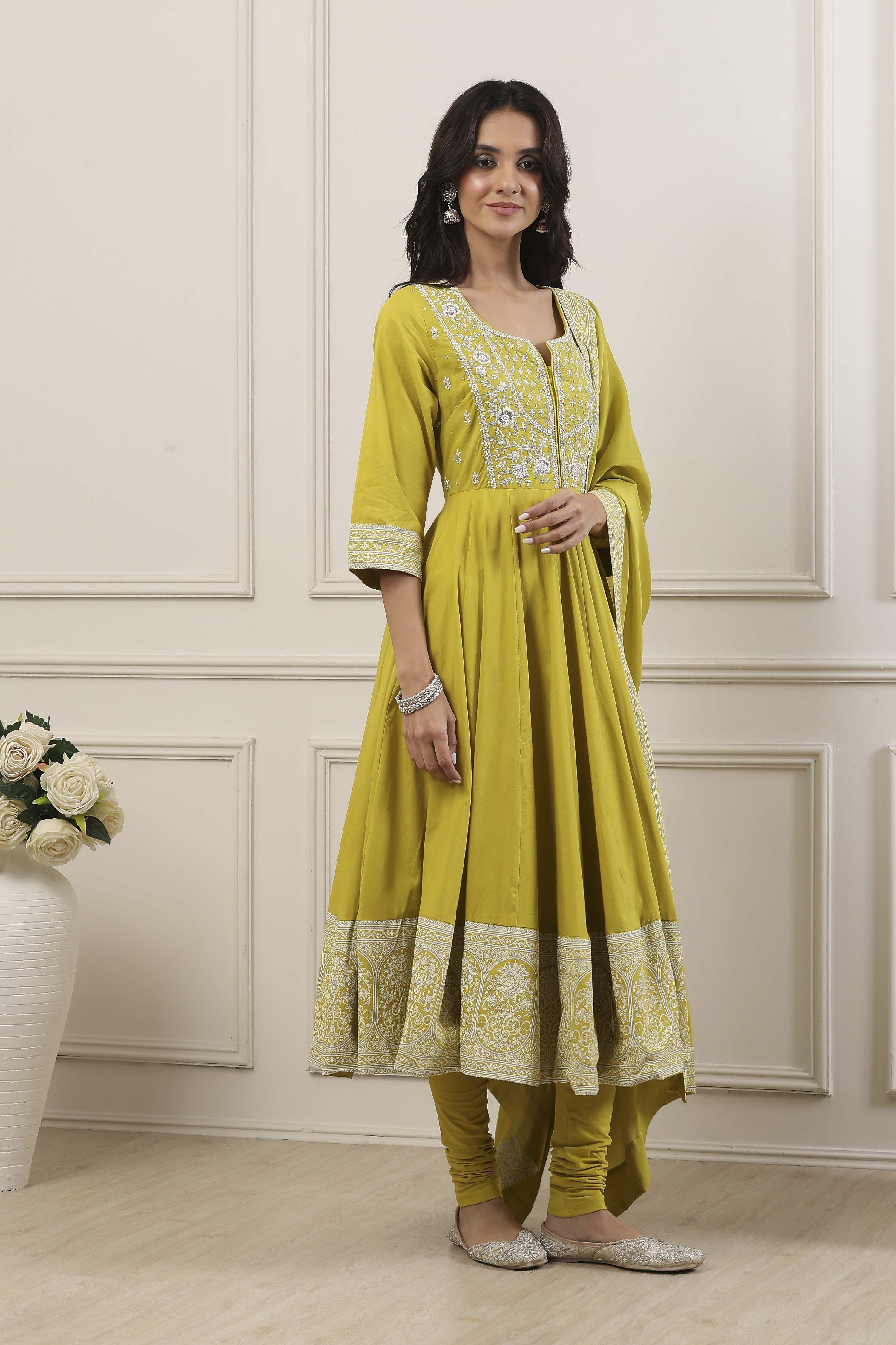 Green Cotton Kalidar Suit Set image number 5