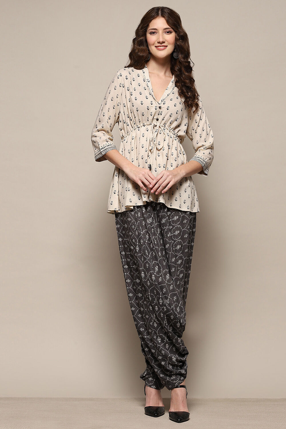 Charcoal Rayon Asymmetric Printed Kurta Set image number 6