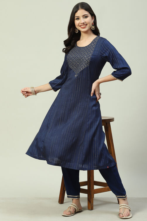 Navy Blue LIVA Metallic Straight Kurta Pants Suit Set image number 6