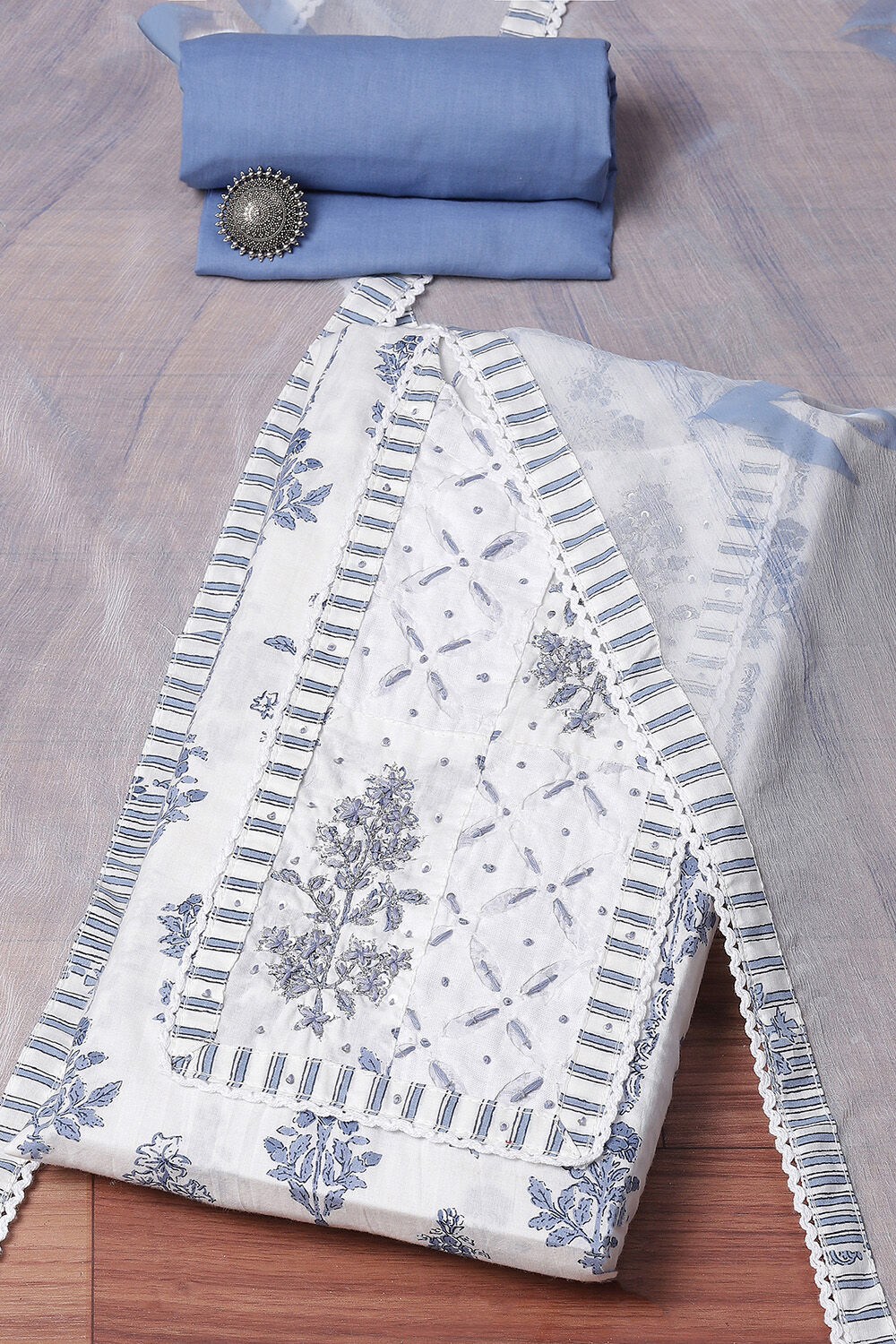 Blue Cotton Schiffly Unstitched Suit Set image number 0