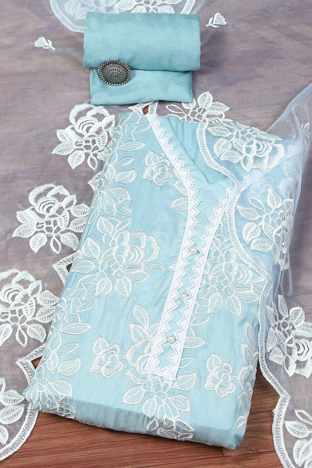 Dull Blue Muslin Unstitched Suit set image number 0