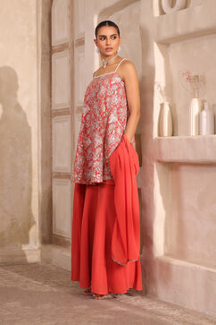 Coral Orange Poly Georgette Zari Embroidered Flared Suit Set image number 2