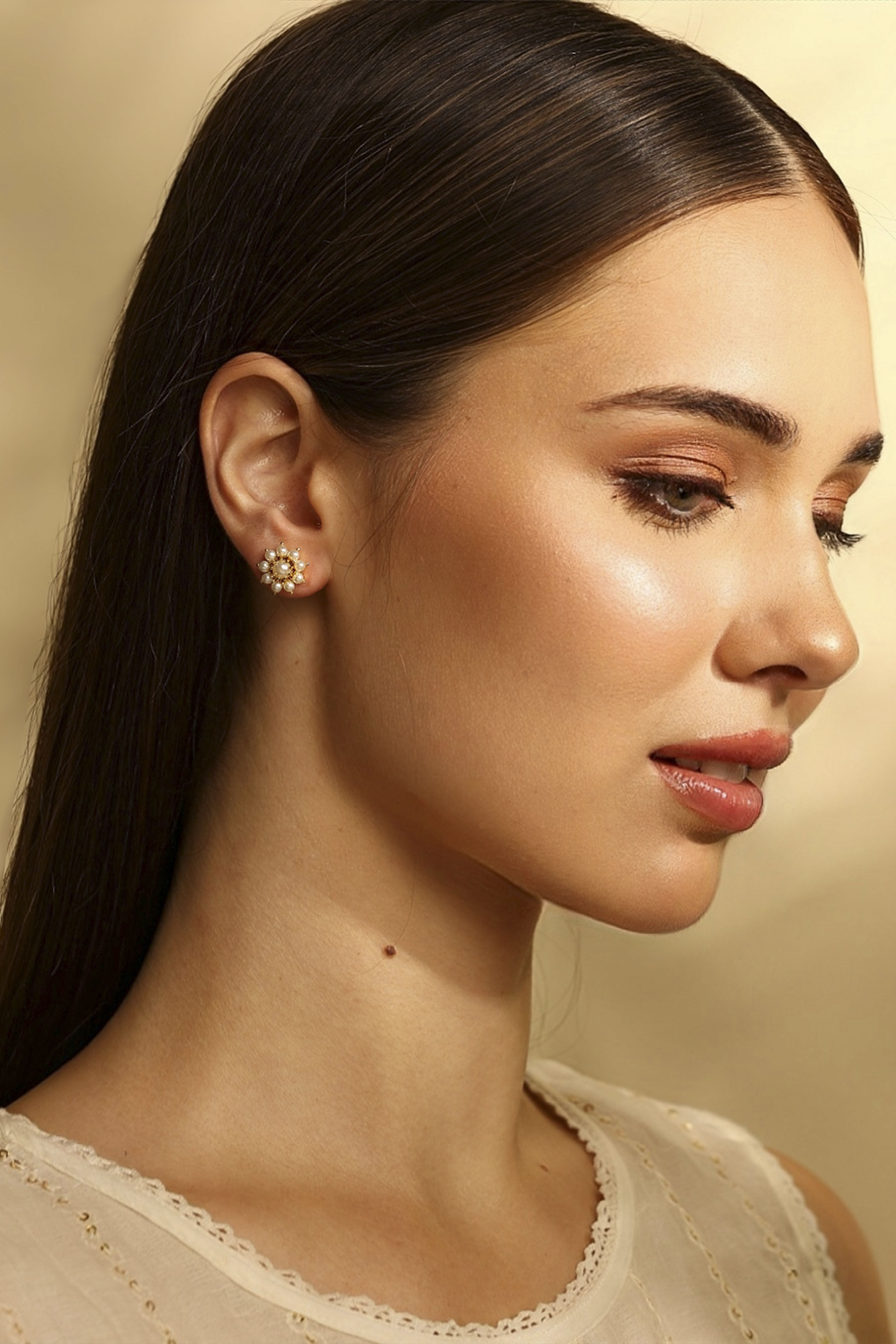 Gold-Plated Brass Pearl Stud Earrings image number 3