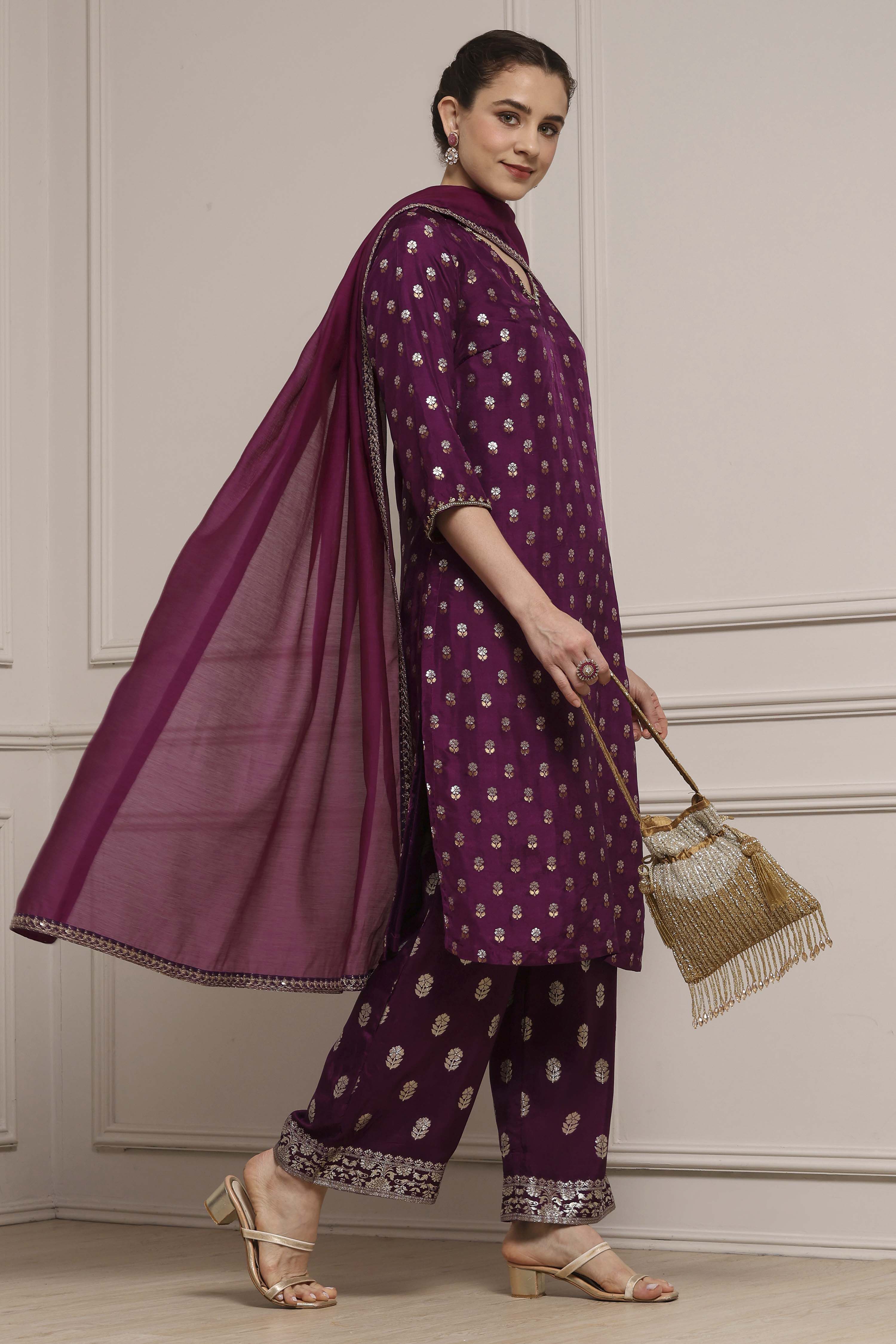 Purple Viscose Dupion Printed Straight Suit Set image number 0