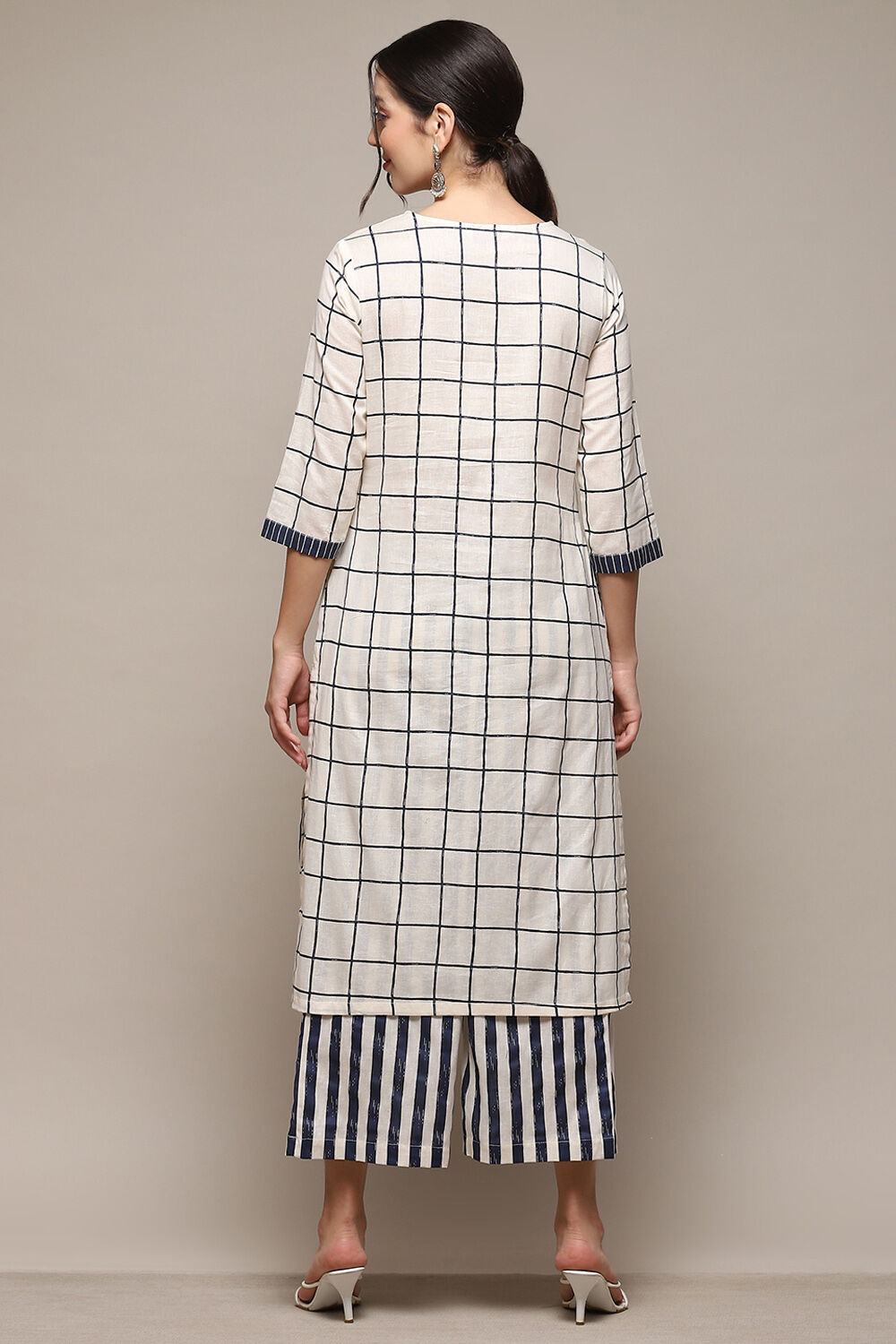Natural & Blue Cotton Flax Straight Kurta Palazzo Suit Set image number 4