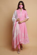 Light Pink Cotton Flared Kurta Churidar Suit Set image number 5