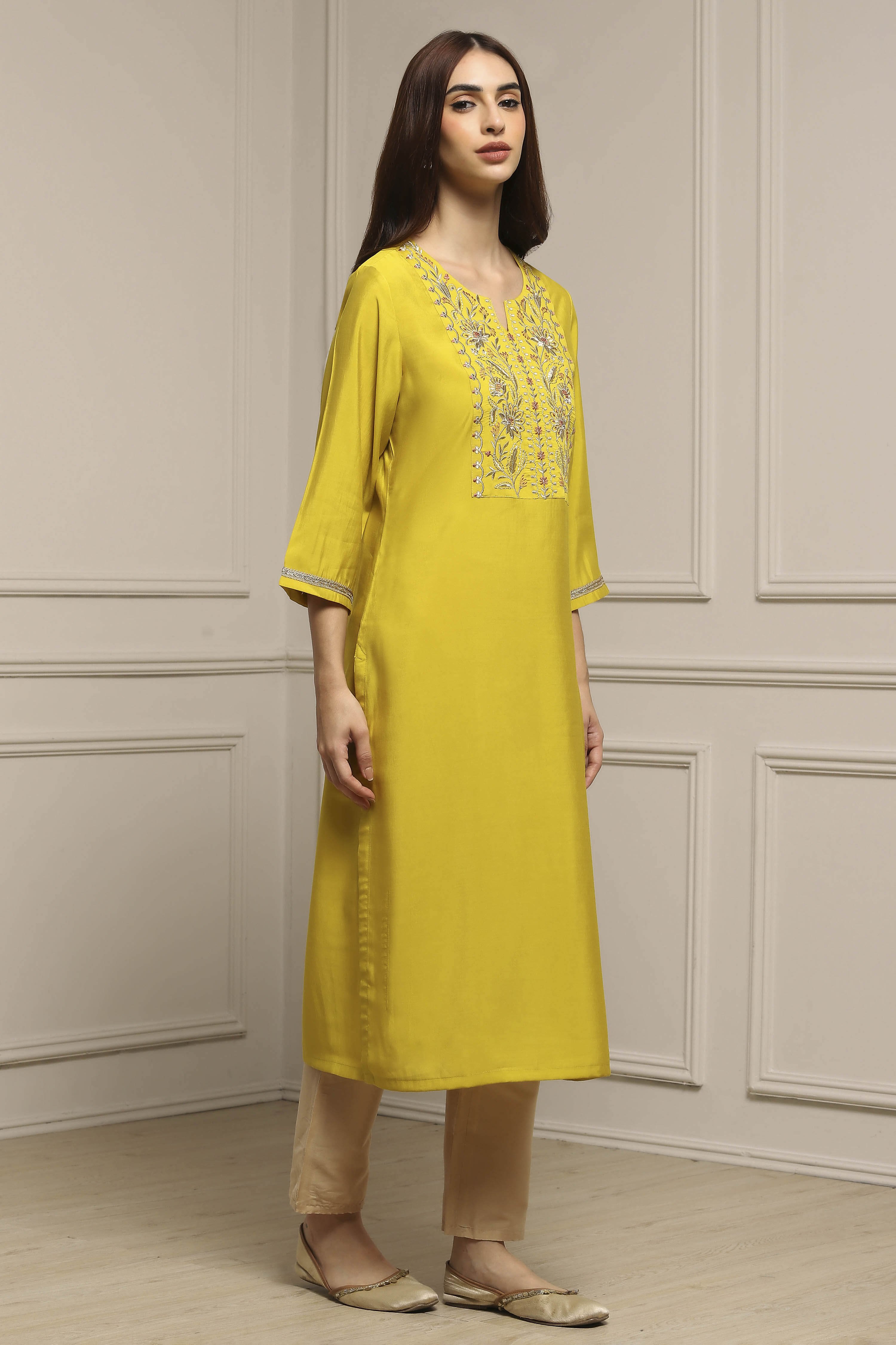 Lime Green Viscose Blend Straight Kurta image number 4