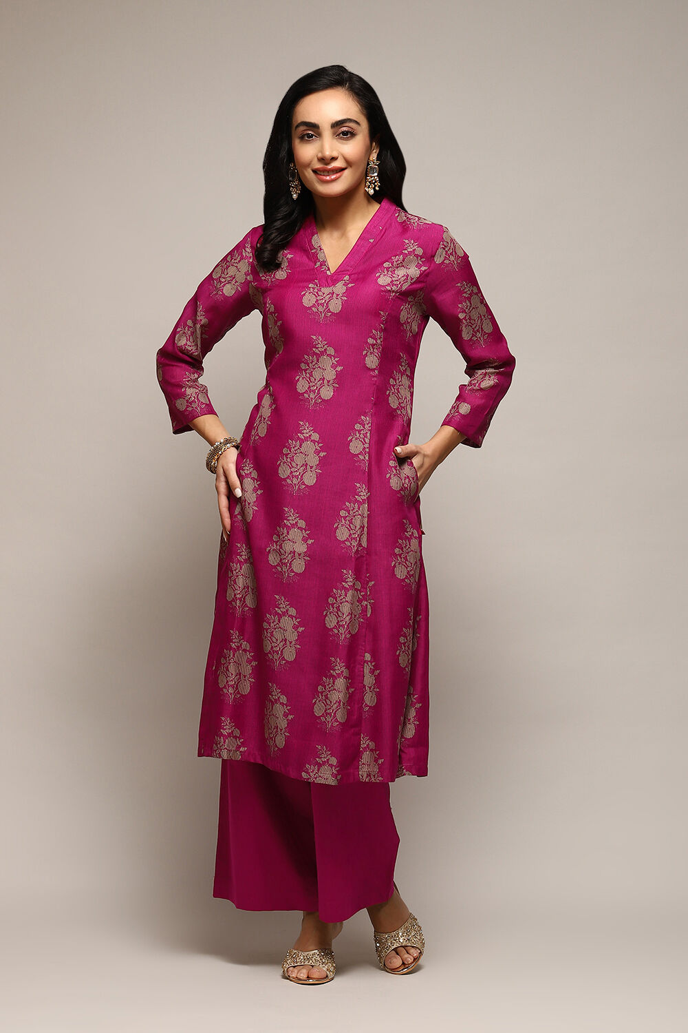 Magenta Cotton Blend A Line Printed Kurta Palazzo Suit Set at Biba India