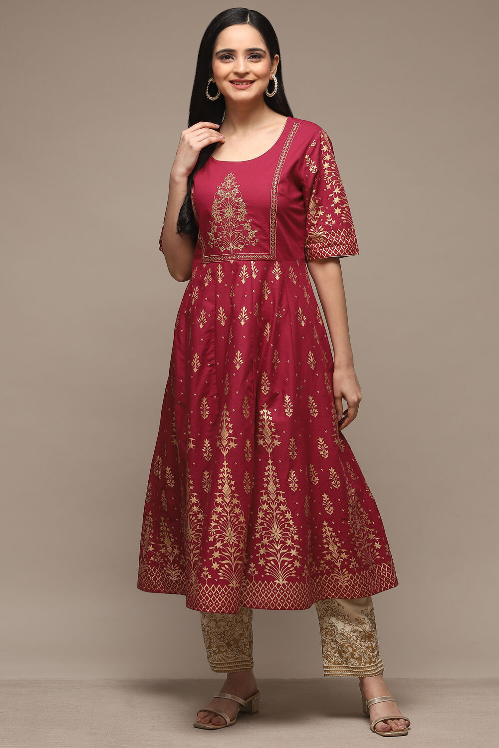 Wine Cotton Flared Printed Kurta image number 5