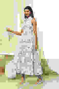 White and Blue Cotton Floral Tiered Dress image number 2