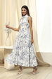White and Blue Cotton Floral Tiered Dress image number 2