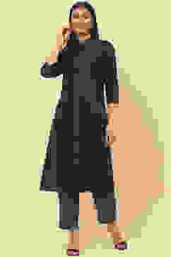 Navy Cotton Straight Fusion Yarndyed Kurta Set image number 0