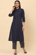 Navy Cotton Straight Fusion Yarndyed Kurta Set image number 0