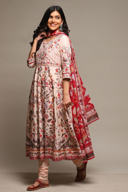 Beige Cotton Anarkali Printed Kurta Suit Set image number 0