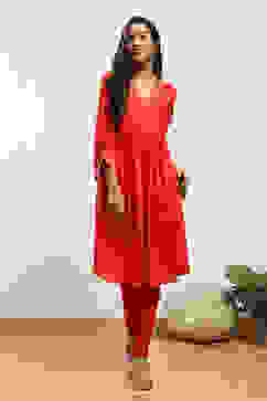 Red Cotton Blend Solid Churidar image number 0