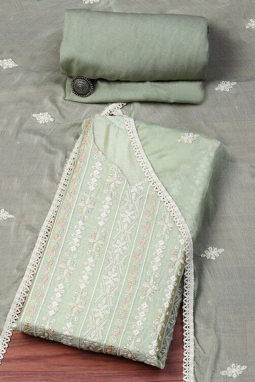 Green Chanderi Printed Unstitched Suit Set image number 0