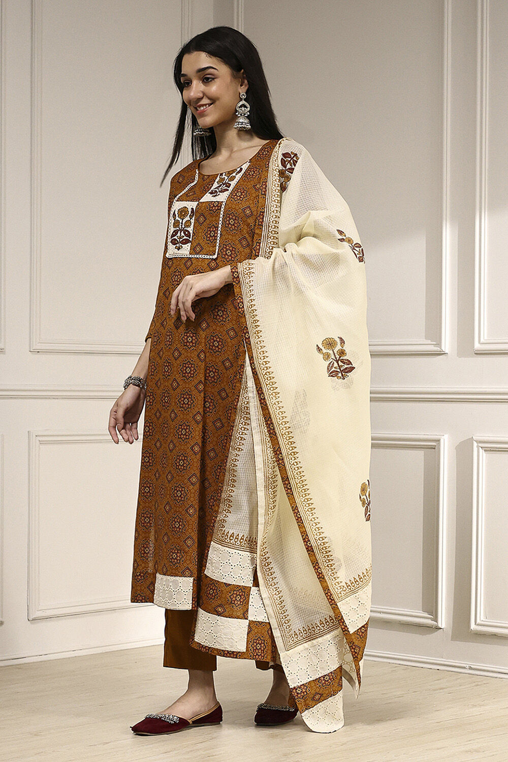 Maroon Cotton Hand Embroidered Unstitched Suit Set image number 4