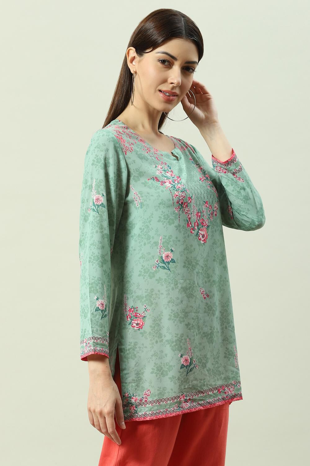 Sea Green Floral Printed Straight Kurti image number 3