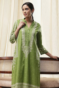 Green Cotton Printed Straight Kurta image number 1
