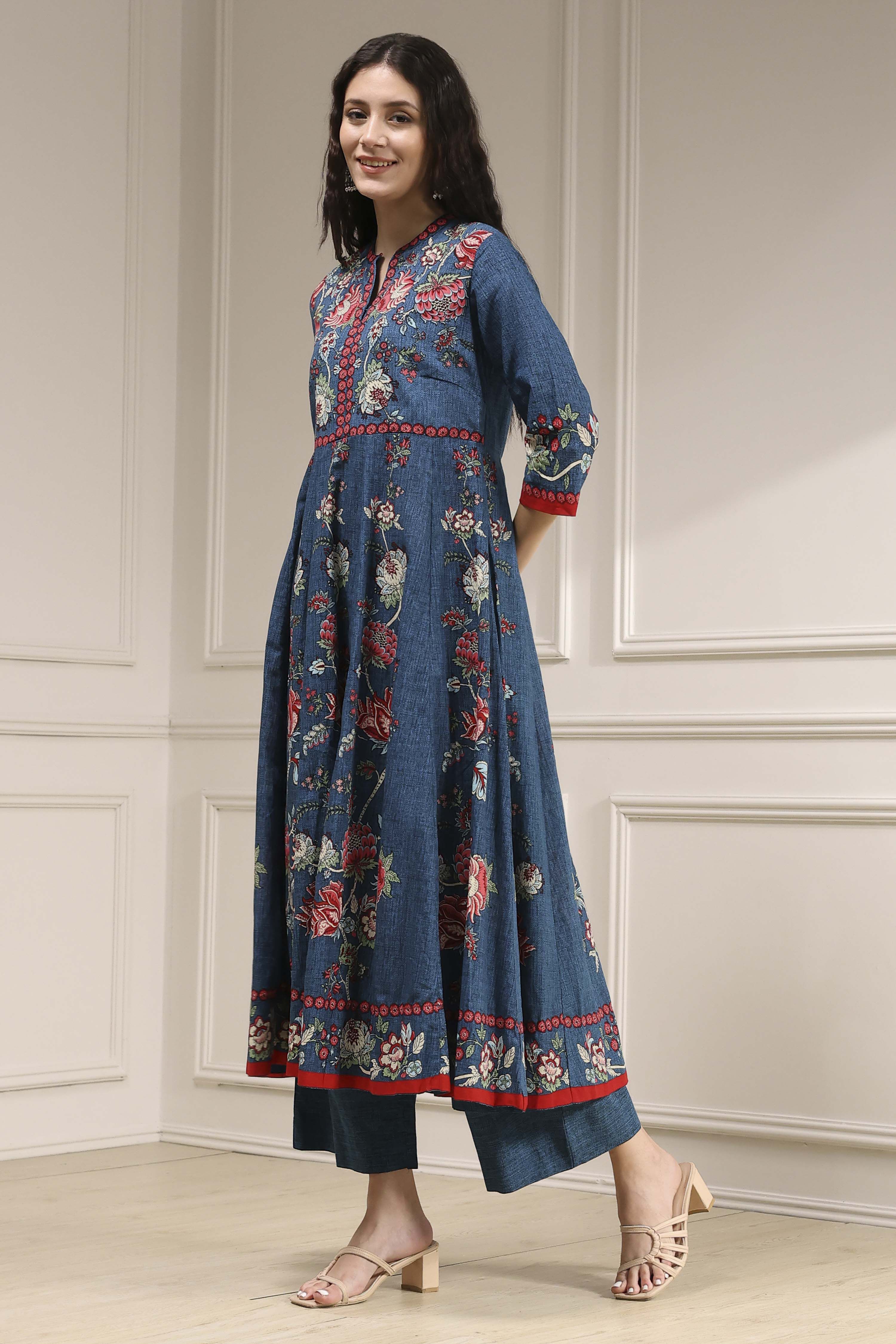 Blue Cotton Printed Anarkali Suit Set image number 3