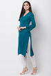 Teal Acrylic And Wool Straight Solid Kurta image number 2