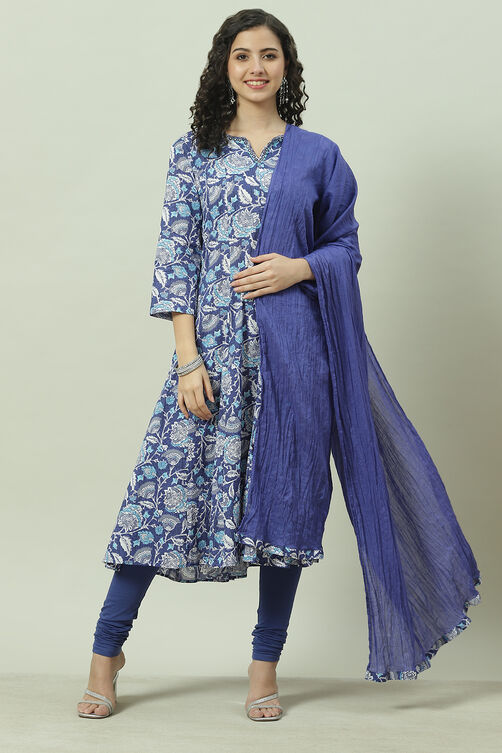 Blue Cotton Kalidar Kurta Churidar Suit Set