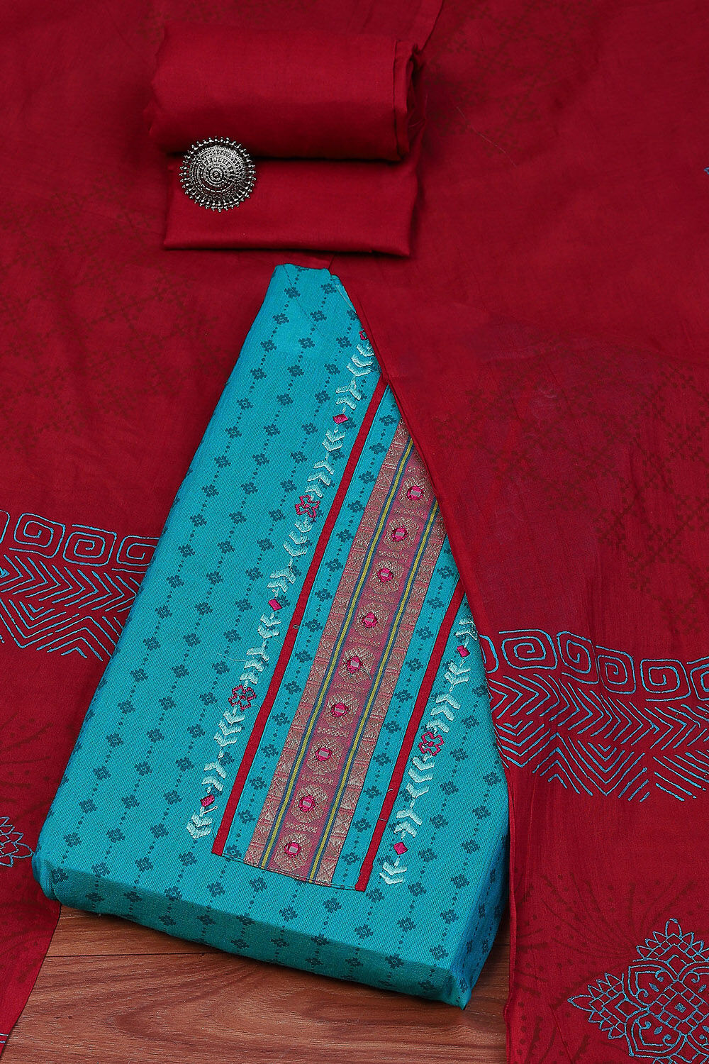 Blue Cotton Unstitched Suit Set image number 0