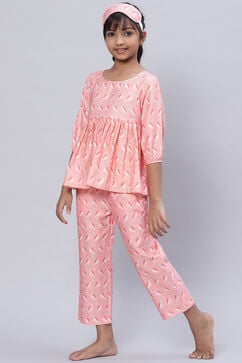 Blush Pink Straight Cotton Three Piece Printed Sleepwear Set image number 0