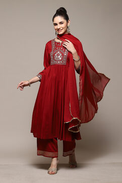 Green & Maroon LIVA Gathered Kurta Palazzo Suit Set image number 0