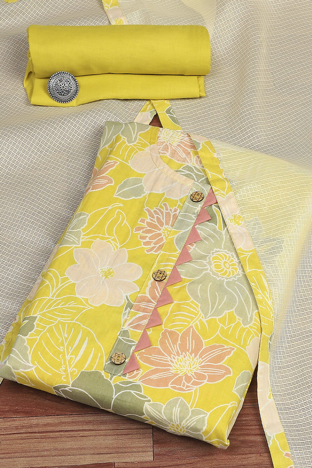 Yellow Cotton Printed Unstitched Suit Set image number 0